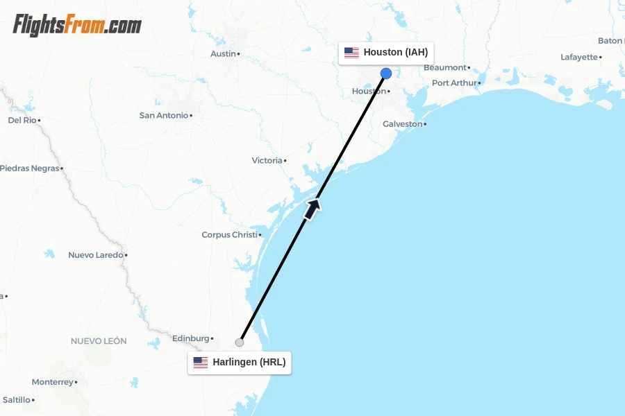 Flights from Harlingen to Houston route map