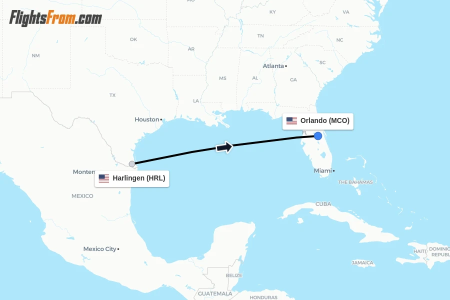 Flights from Harlingen to Orlando route map
