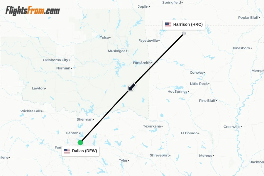 Flights from Harrison to Dallas route map