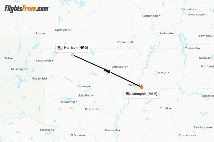 Flights from Harrison to Memphis route map