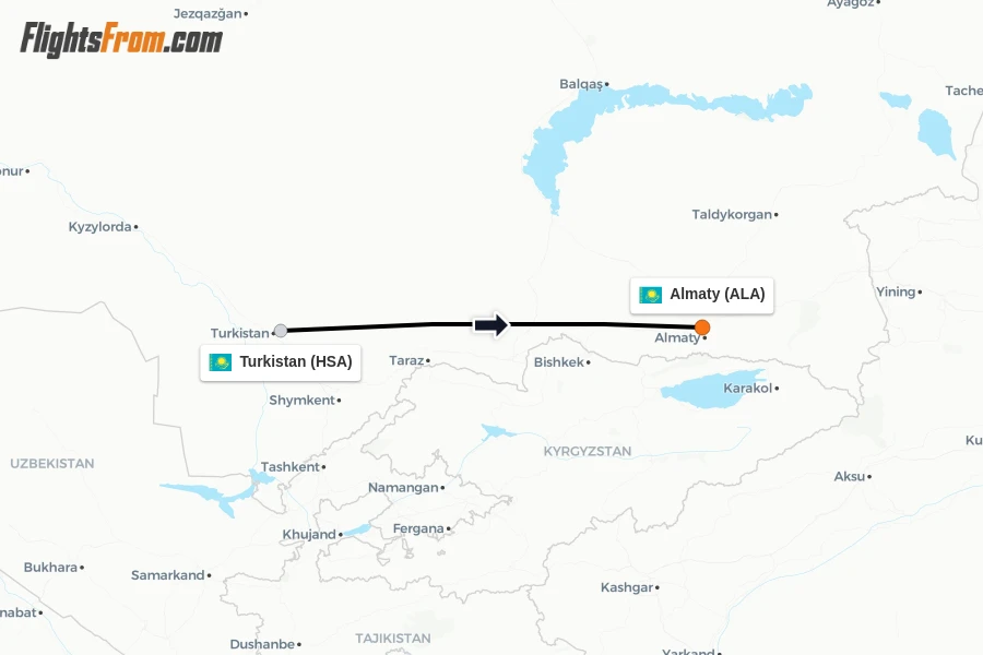 Flights from Turkistan to Almaty route map