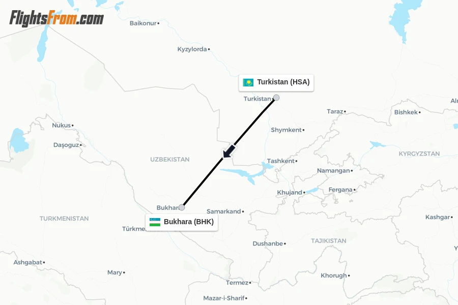 Flights from Turkistan to Bukhara route map
