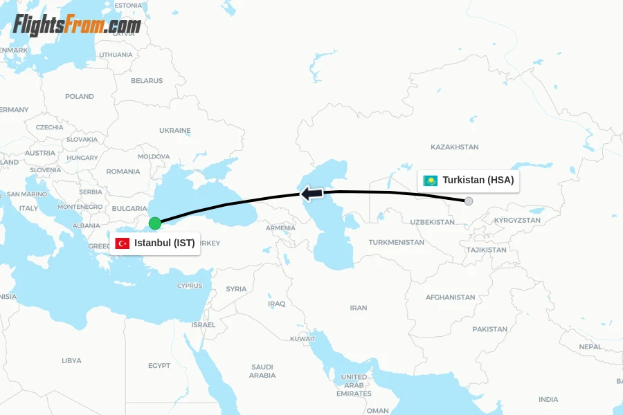Flights from Turkistan to Istanbul route map