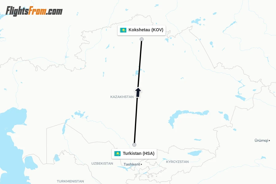 Flights from Turkistan to Kokshetau route map
