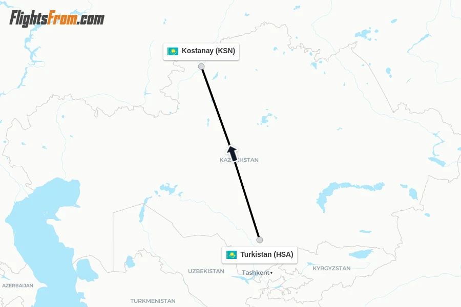 Flights from Turkistan to Kostanay route map