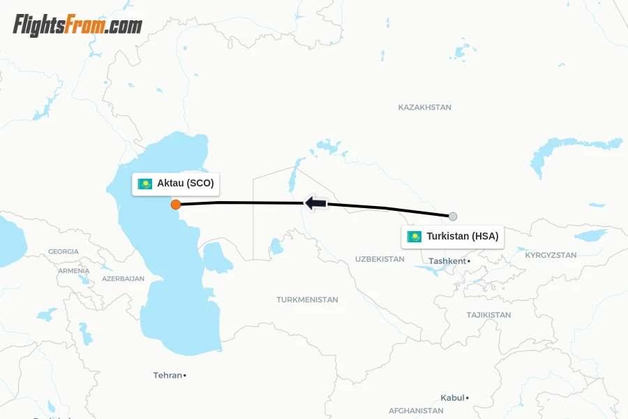 Flights from Turkistan to Aktau route map