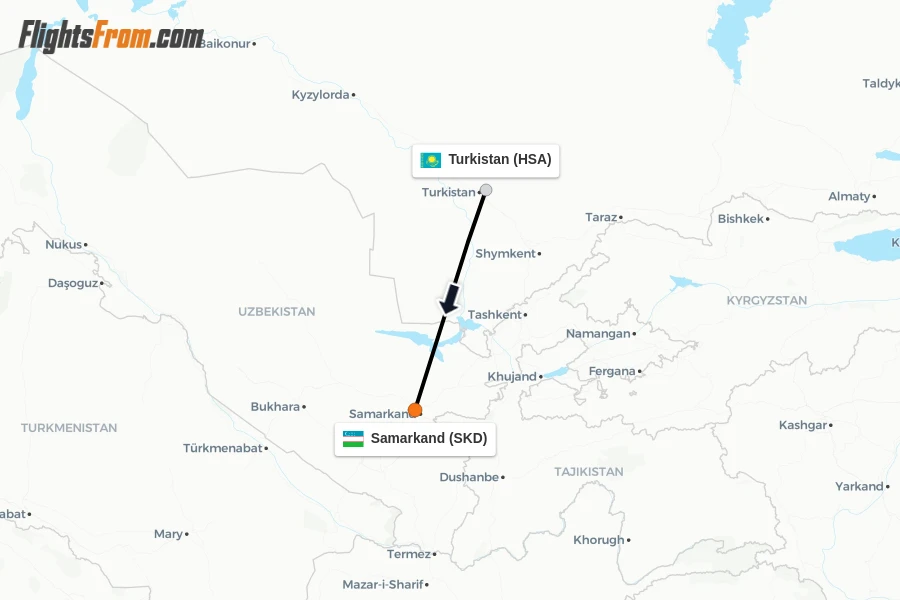 Flights from Turkistan to Samarkand route map