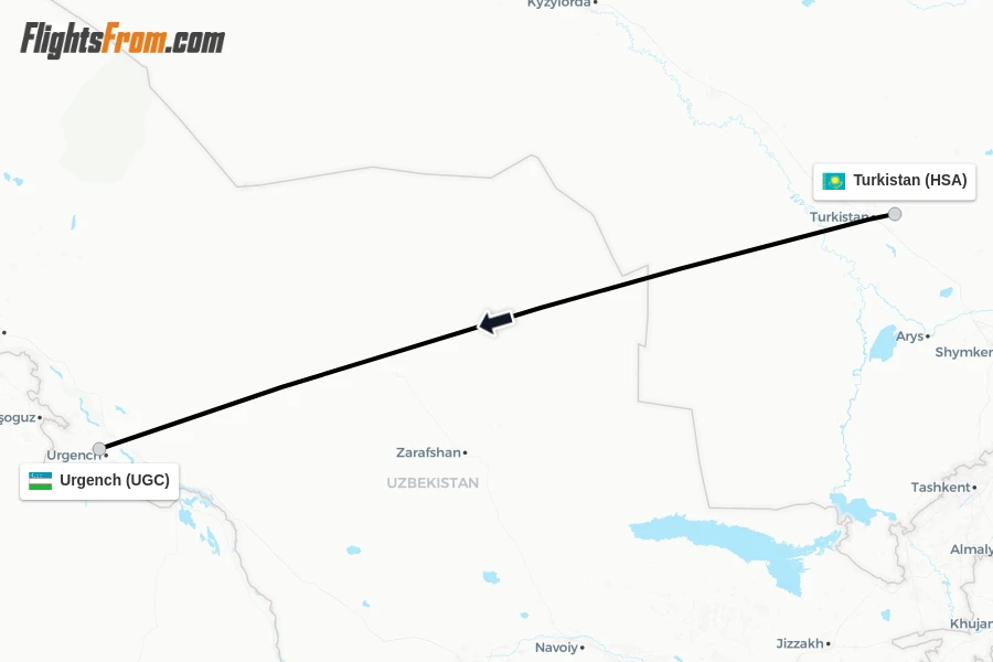 Flights from Turkistan to Urgench route map