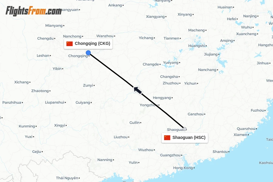 Flights from Shaoguan to Chongqing route map