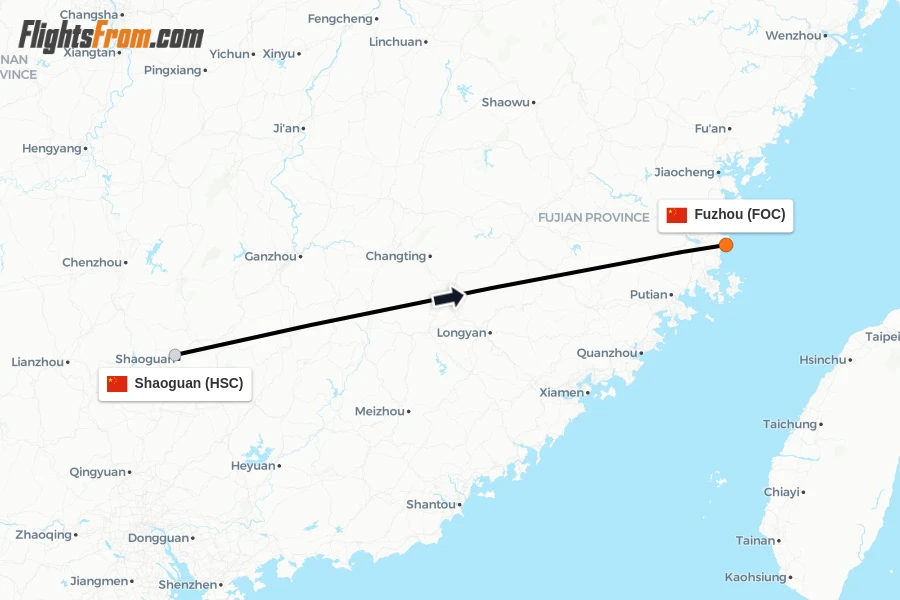 Flights from Shaoguan to Fuzhou route map