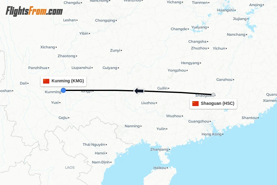 Flights from Shaoguan to Kunming route map