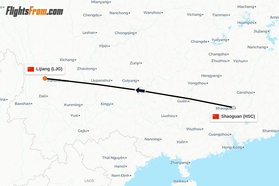 Flights from Shaoguan to Lijiang route map