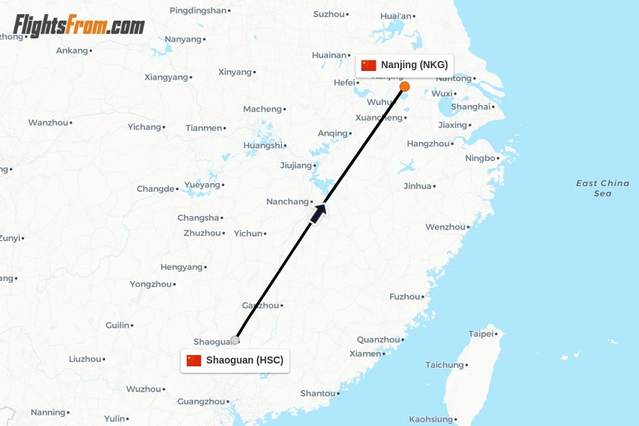 Flights from Shaoguan to Nanjing route map