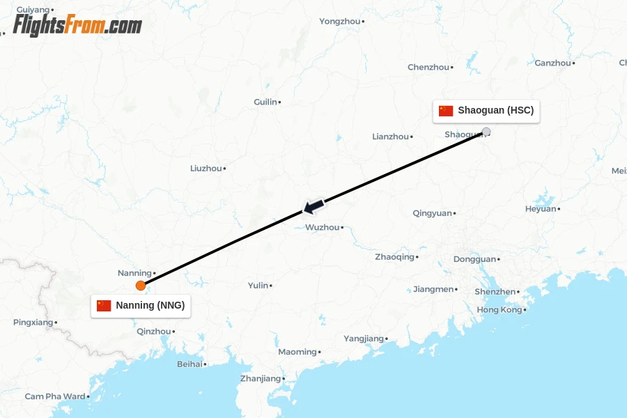 Flights from Shaoguan to Nanning route map