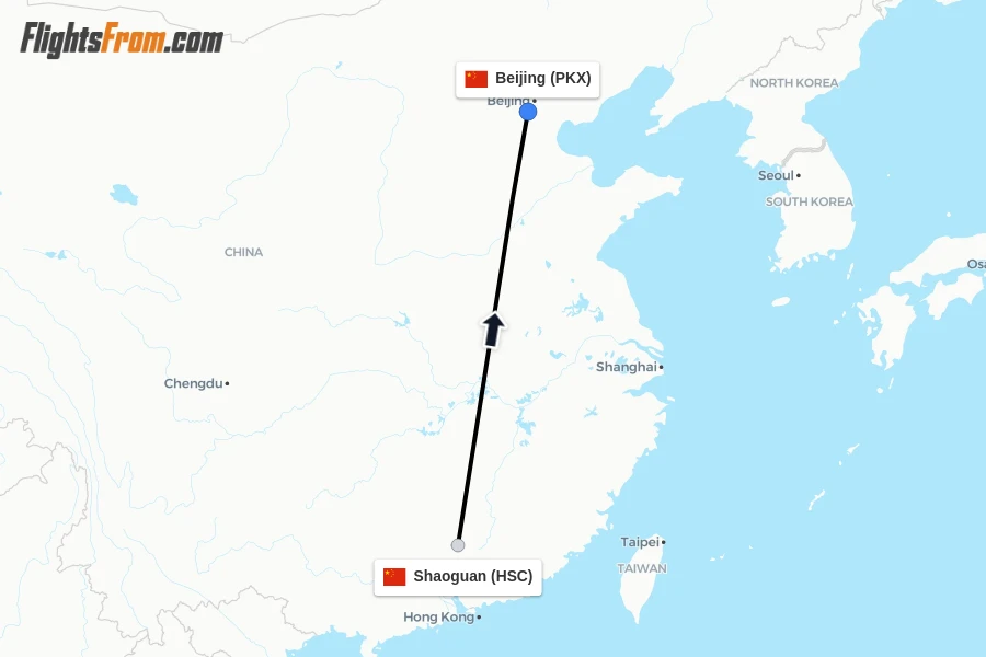 Flights from Shaoguan to Beijing route map