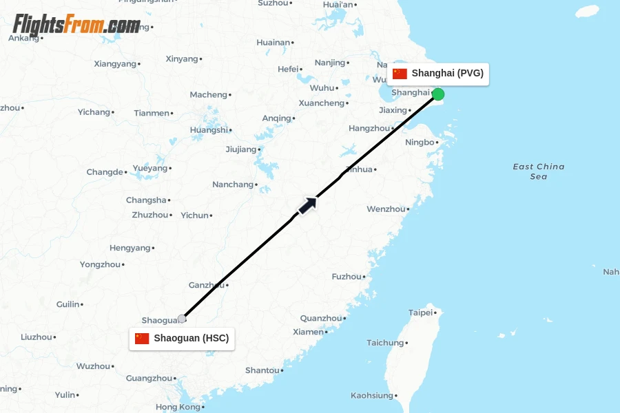 Flights from Shaoguan to Shanghai route map