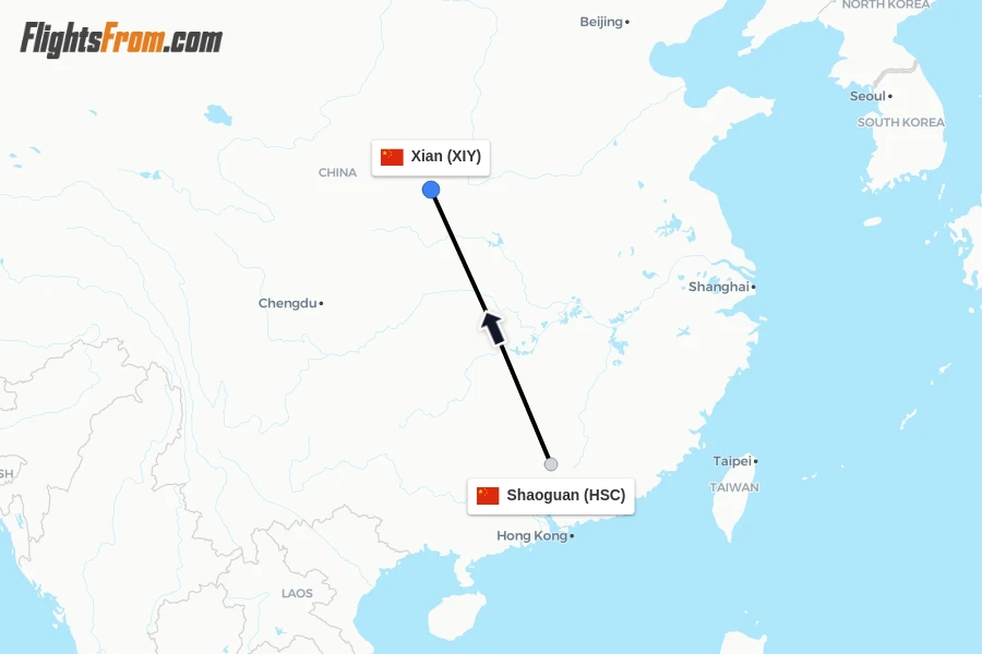 Flights from Shaoguan to Xian route map