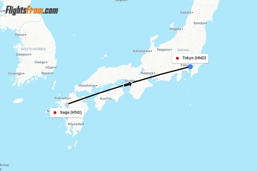 Flights from Saga to Tokyo route map