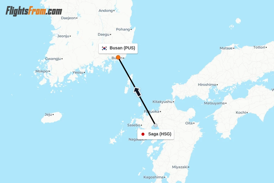 Flights from Saga to Busan route map