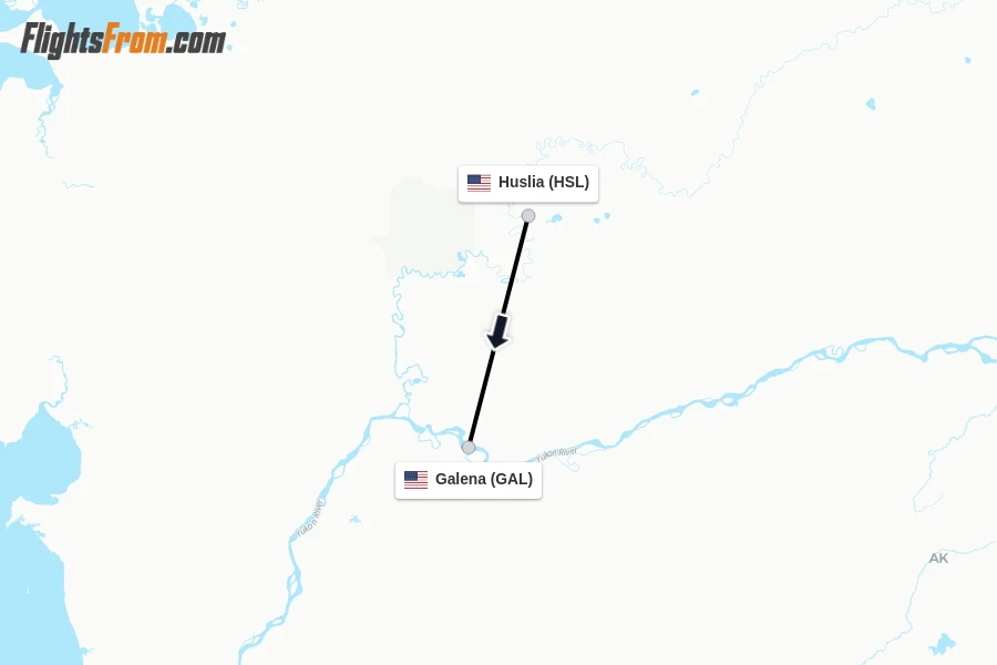 Flights from Huslia to Galena route map