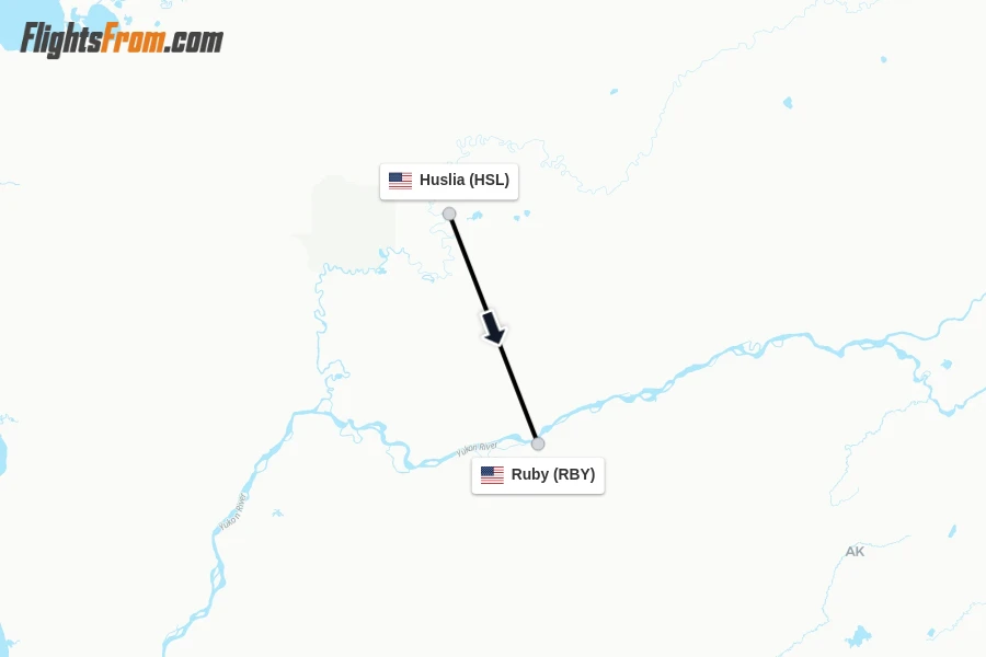 Flights from Huslia to Ruby route map