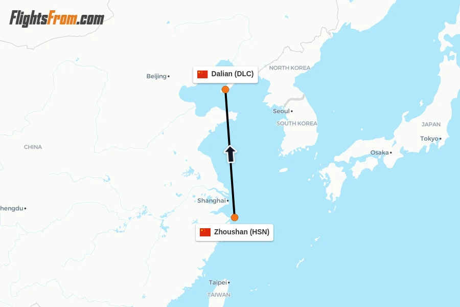 Flights from Zhoushan to Dalian route map