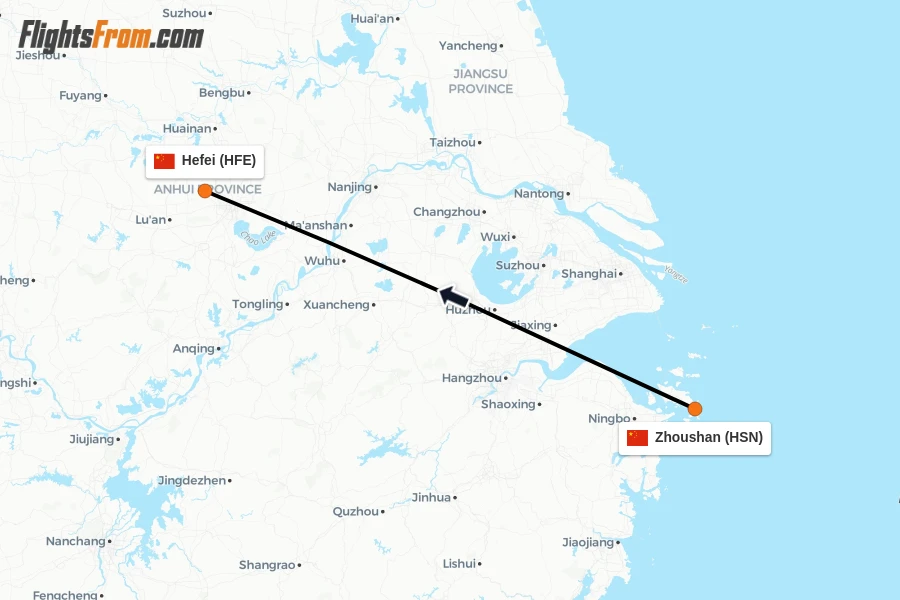 Flights from Zhoushan to Hefei route map