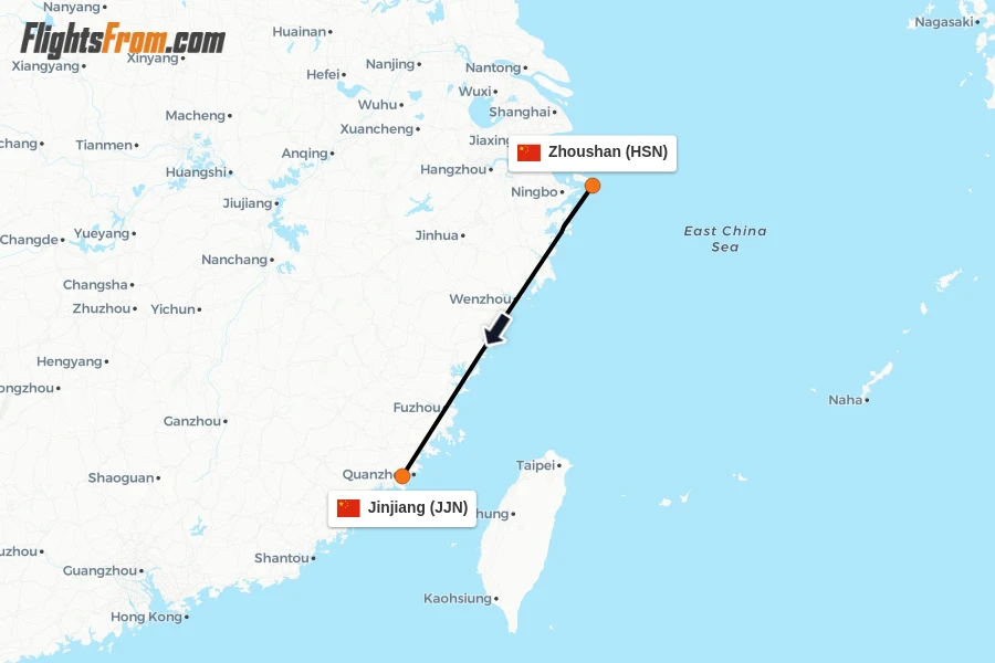 Flights from Zhoushan to Jinjiang route map