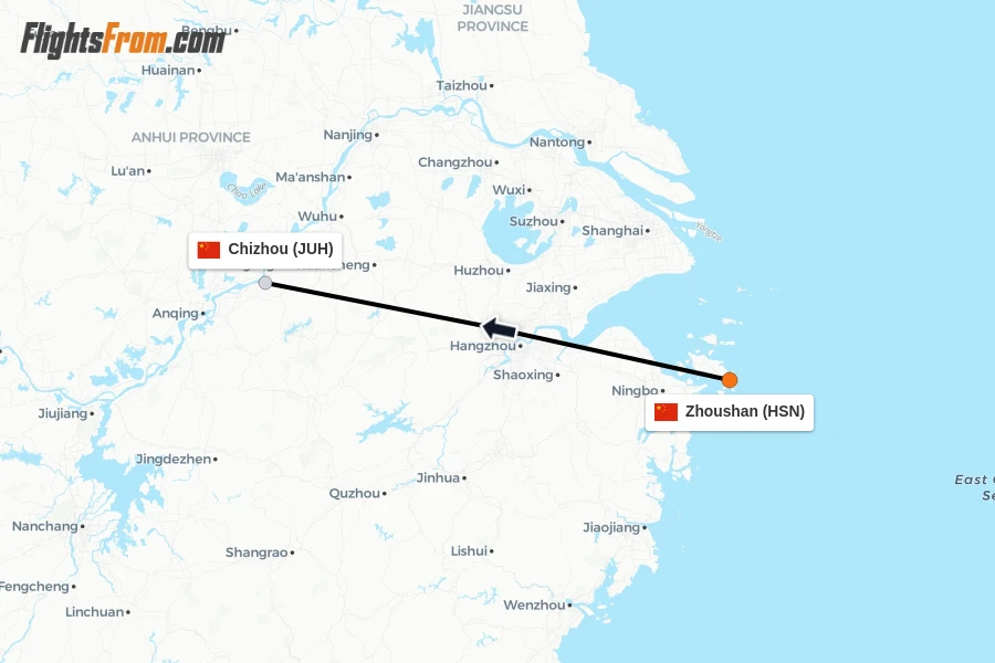 Flights from Zhoushan to Chizhou route map