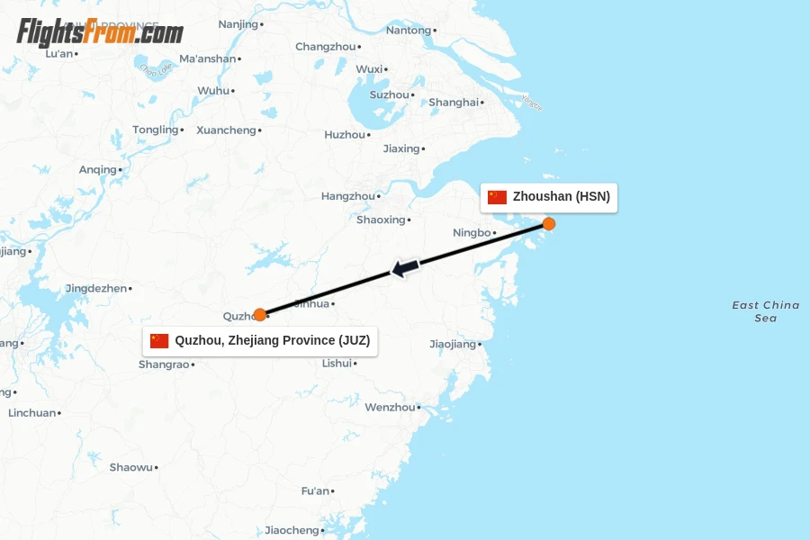 Flights from Zhoushan to Quzhou, Zhejiang Province route map
