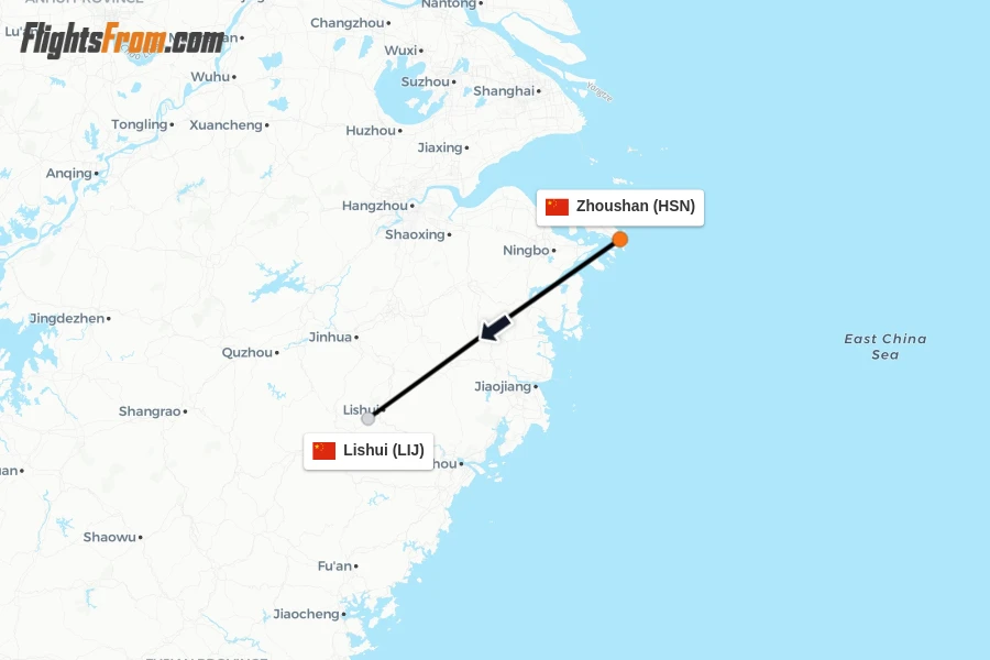 Flights from Zhoushan to Lishui route map