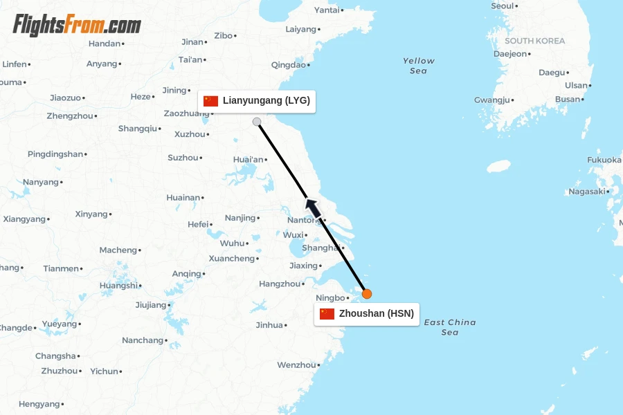 Flights from Zhoushan to Lianyungang route map