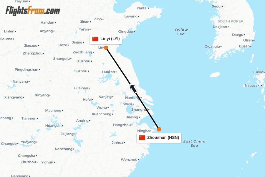 Flights from Zhoushan to Linyi route map