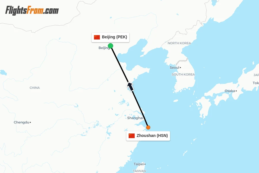 Flights from Zhoushan to Beijing route map