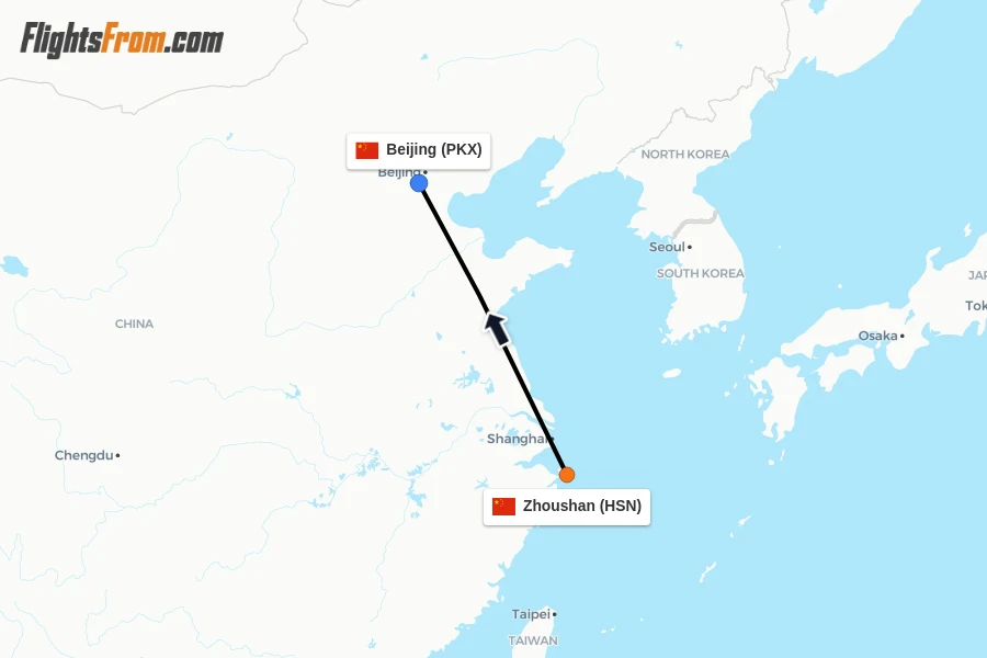 Flights from Zhoushan to Beijing route map