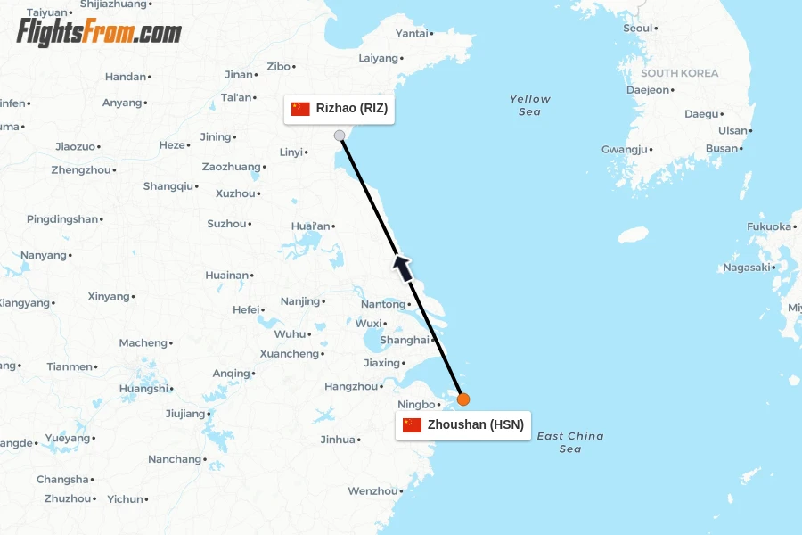 Flights from Zhoushan to Rizhao route map