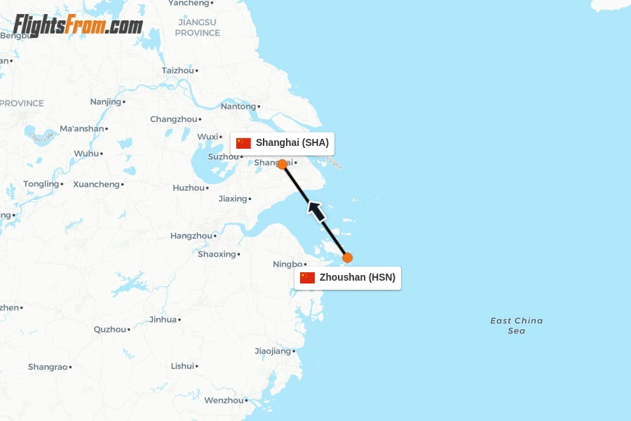 Flights from Zhoushan to Shanghai route map