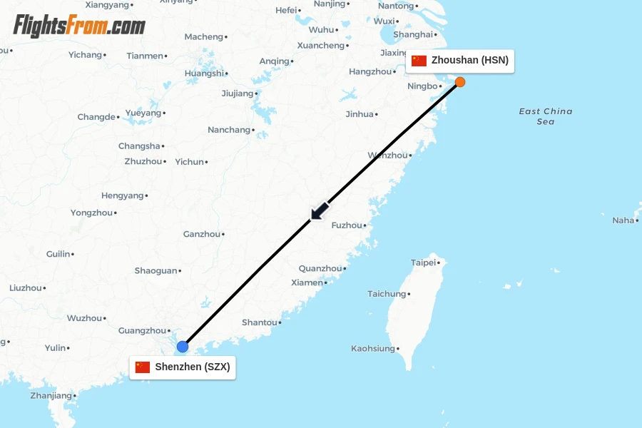 Flights from Zhoushan to Shenzhen route map