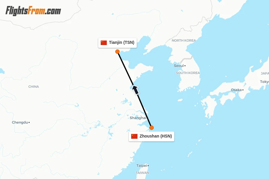 Flights from Zhoushan to Tianjin route map