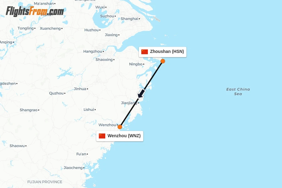 Flights from Zhoushan to Wenzhou route map