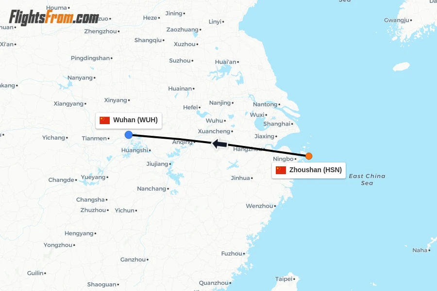 Flights from Zhoushan to Wuhan route map