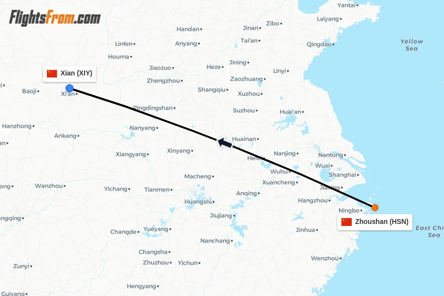 Flights from Zhoushan to Xian route map