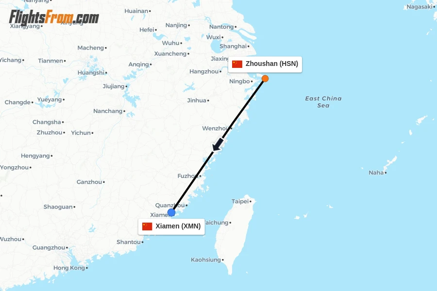 Flights from Zhoushan to Xiamen route map