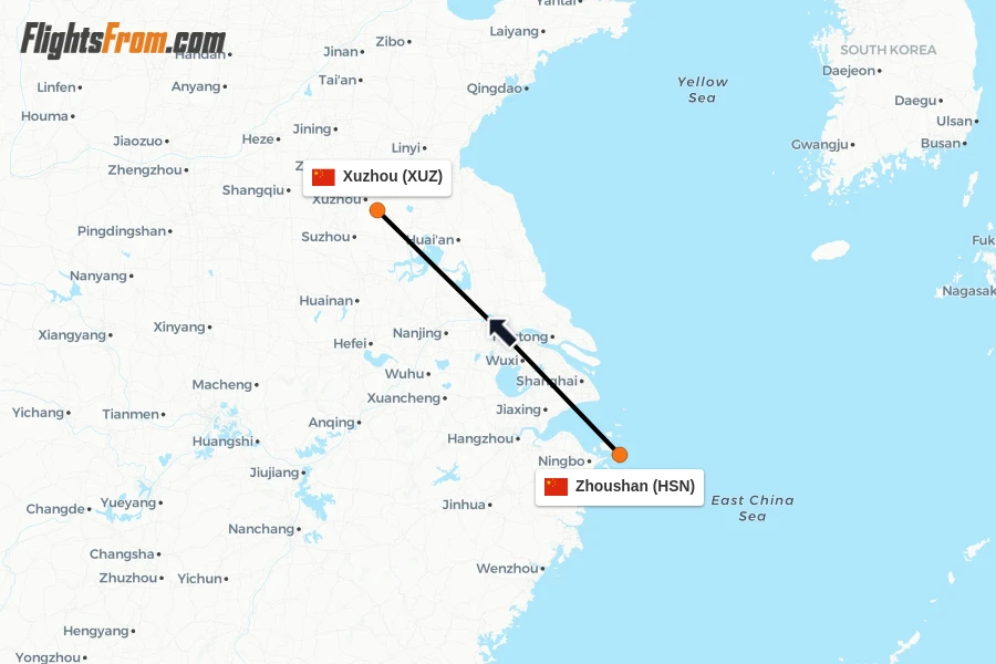 Flights from Zhoushan to Xuzhou route map