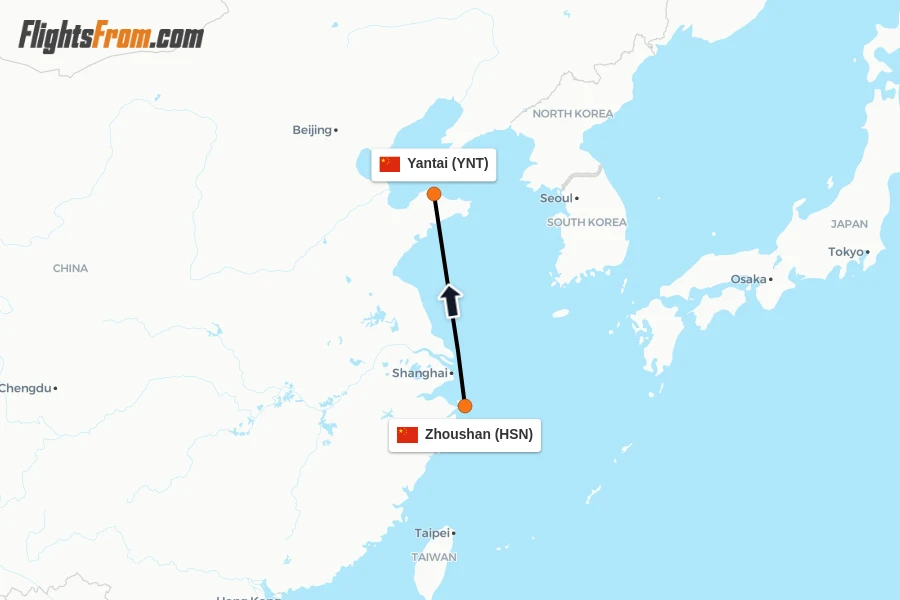 Flights from Zhoushan to Yantai route map