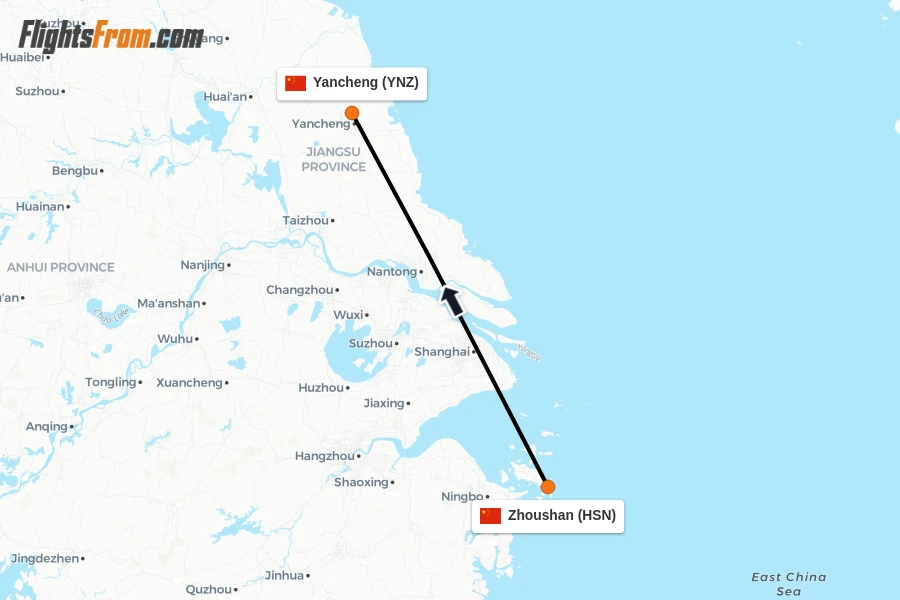 Flights from Zhoushan to Yancheng route map