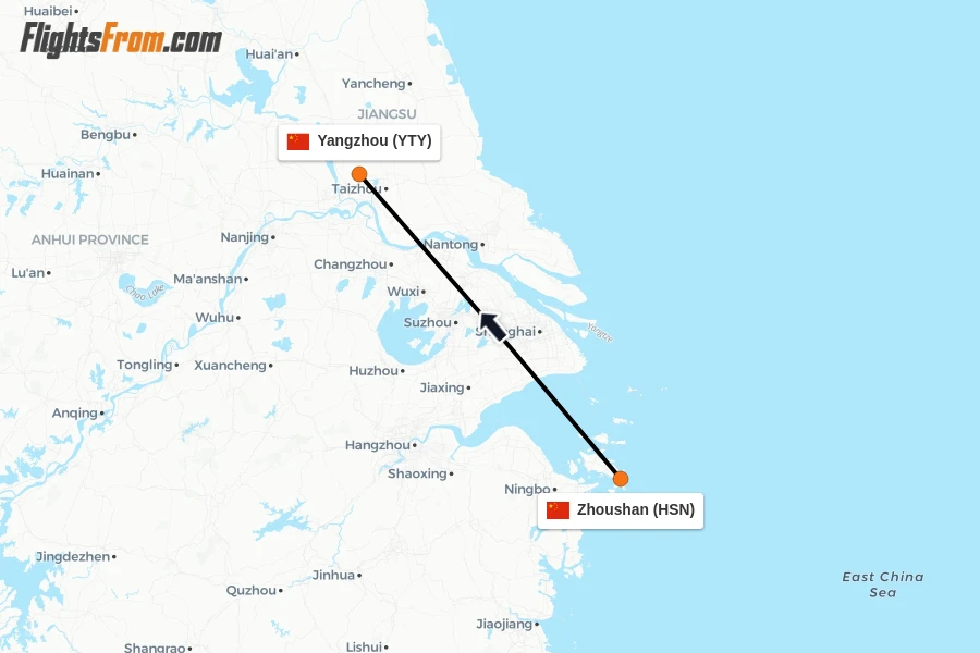 Flights from Zhoushan to Yangzhou route map