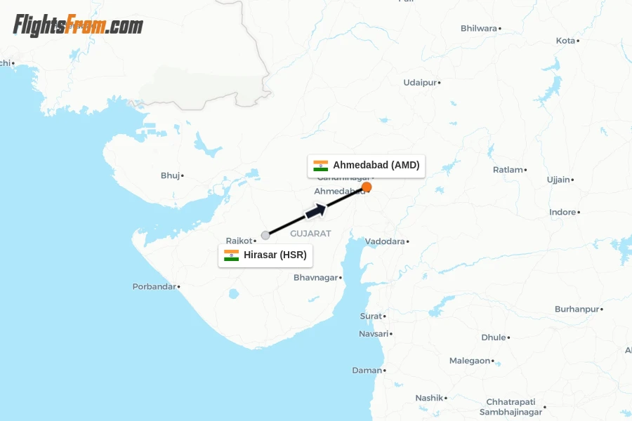 Flights from Hirasar to Ahmedabad route map