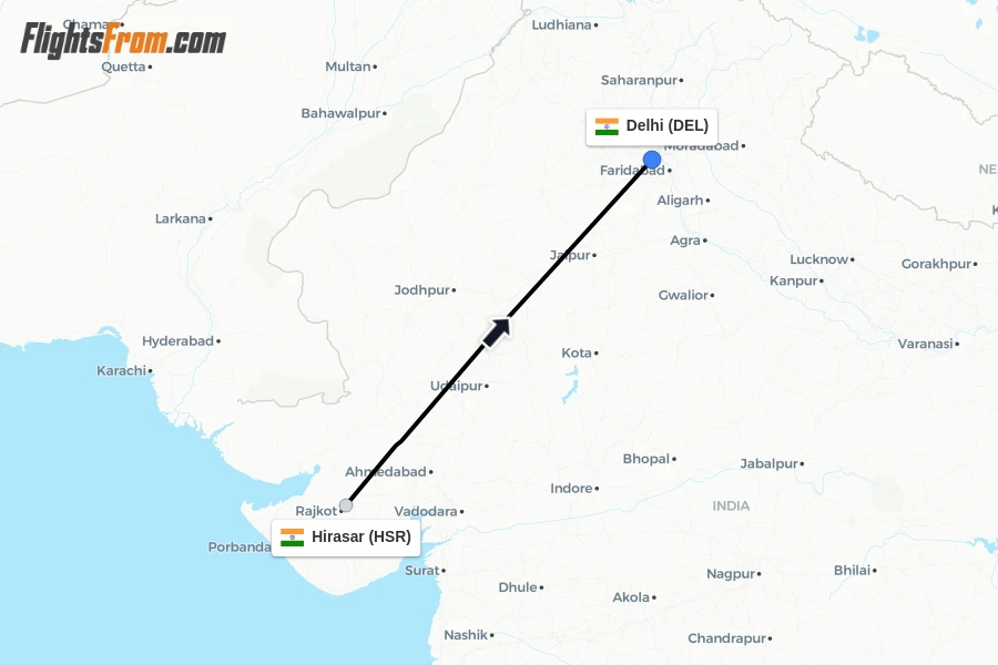 Flights from Hirasar to Delhi route map