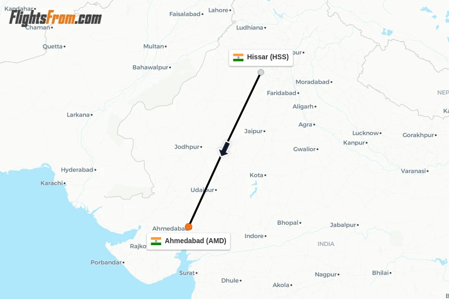 Flights from Hissar to Ahmedabad route map